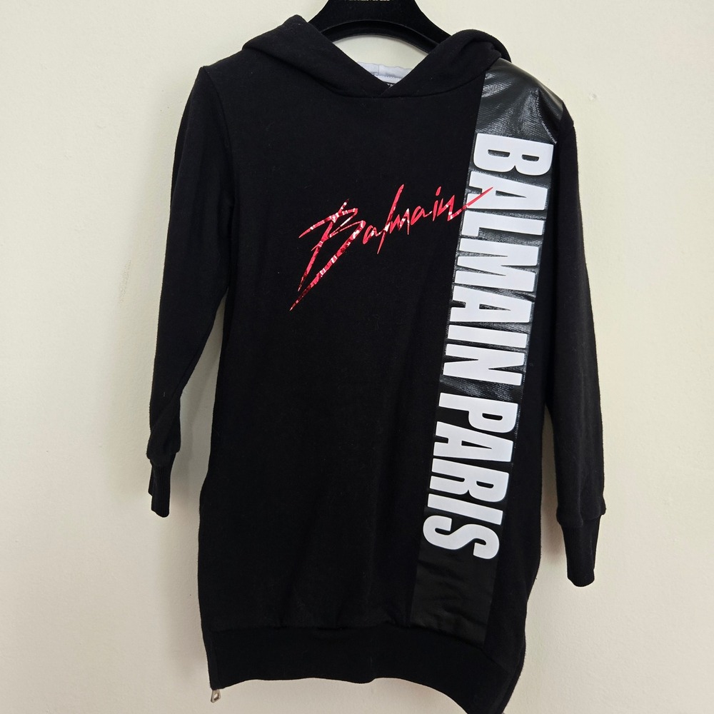 Balmain Paris Kids Black Cotton Hoodie‎ Dress Red Script Logo Size 6A 6Y 4918